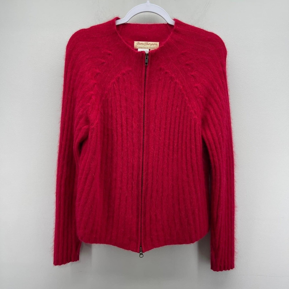 VTG Norm Thompson Lambs Wool Rabbit Hair Cardigan Sweater Red Full Zip Soft Cozy